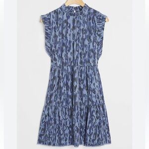 Anthropologie Jenee Tiered Tunic Dress Blue Leopard Print Sz XS